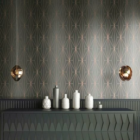 Charcoal Rose Gold Metallic Geometric Wallpaper Triangles Vinyl Muriva Kayla 2 Charcoal Rose Gold Metallic Geometric Wallpaper Triangles Vinyl Muriva Kayla - Image 2