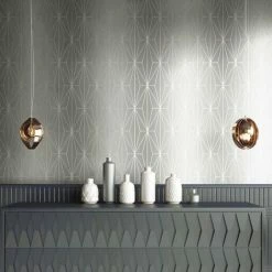 Alternative view of Dove Grey Silver Metallic Geometric Wallpaper Triangles Vinyl Muriva Kayla