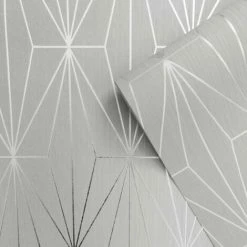 Dove Grey Silver Metallic Geometric Wallpaper Triangles Vinyl Muriva Kayla -MURIVA SHOP 13783056 3