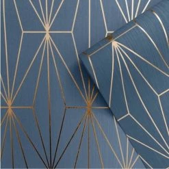 Blue Bronze Metallic Geometric Wallpaper Triangles Vinyl Embossed Muriva Kayla