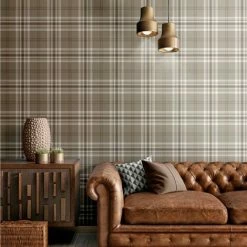 Mushroom White Taupe Check Wallpaper Country Tartan Plaid Stripe Muriva Kelso -MURIVA SHOP 14612903 3