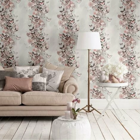 Rose Gold Grey Floral Butterfly Wallpaper Glitter Botanical Muriva Summertime 2 Rose Gold Grey Floral Butterfly Wallpaper Glitter Botanical Muriva Summertime - Image 2