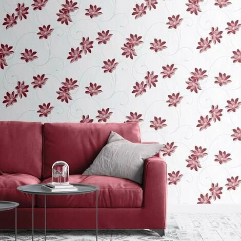 Muriva Orla Red Floral Glitter Wallpaper White Silver Metallic Shimmer Vinyl 2 Muriva Orla Red Floral Glitter Wallpaper White Silver Metallic Shimmer Vinyl - Image 2