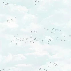 Muriva Fly Way Wallpaper Blue White Clouds Sky Birds Animal Print Metallic