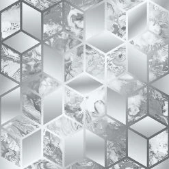 Geometric Cube Liquid Marble Silver Grey Wallpaper Elixir Muriva Metallic Modern