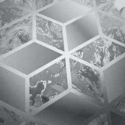 Alternative view of Geometric Cube Liquid Marble Silver Grey Wallpaper Elixir Muriva Metallic Modern