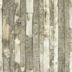 MURIVA Home Bark Stripe Natural White Wood Panel Wallpaper Brown Off White Vinyl