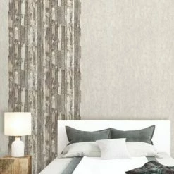 Alternative view of MURIVA Home Bark Stripe Natural White Wood Panel Wallpaper Brown Off White Vinyl