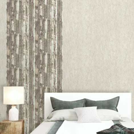 MURIVA Home Bark Stripe Natural White Wood Panel Wallpaper Brown Off White Vinyl 2 MURIVA Home Bark Stripe Natural White Wood Panel Wallpaper Brown Off White Vinyl - Image 2