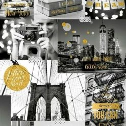 Muriva Bright Lights Big City Wallpaper New York Black White Gold Glitter