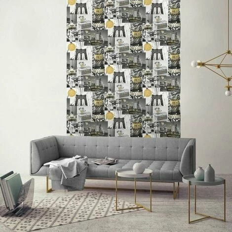 Muriva Bright Lights Big City Wallpaper New York Black White Gold Glitter 2 Muriva Bright Lights Big City Wallpaper New York Black White Gold Glitter - Image 2