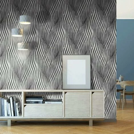Muriva Reflective Black Silver Mono Striped Wallpaper Vinyl Paste The Wall 2 Muriva Reflective Black Silver Mono Striped Wallpaper Vinyl Paste The Wall - Image 2