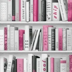Muriva Fashion Library Bookshelf Pink Grey Silver Glitter Books Wallpaper 139501