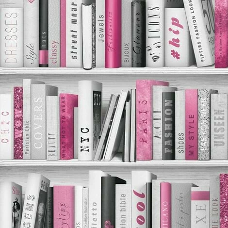 Muriva Fashion Library Bookshelf Pink Grey Silver Glitter Books Wallpaper 139501 1 Muriva Fashion Library Bookshelf Pink Grey Silver Glitter Books Wallpaper 139501