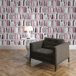 Alternative view of Muriva Fashion Library Bookshelf Pink Grey Silver Glitter Books Wallpaper 139501