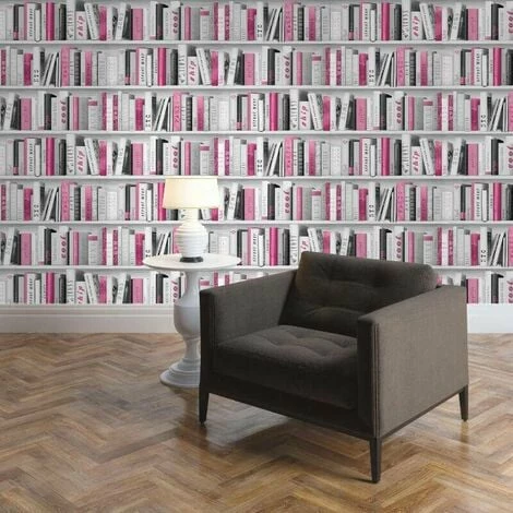 Muriva Fashion Library Bookshelf Pink Grey Silver Glitter Books Wallpaper 139501 2 Muriva Fashion Library Bookshelf Pink Grey Silver Glitter Books Wallpaper 139501 - Image 2