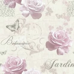 Muriva Botanical Garden Wallpaper Pink Rose Script Floral Butterfly