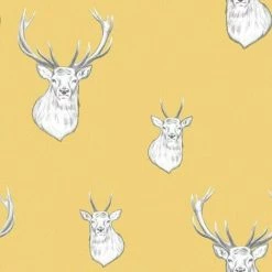MURIVA Stag Wallpaper Lines Woven Effect Yellow Grey White Catherine Lansfield