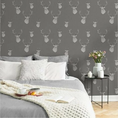 MURIVA Stag Wallpaper Woven Effect Grey Silver Metallic Catherine Lansfield 2 MURIVA Stag Wallpaper Woven Effect Grey Silver Metallic Catherine Lansfield - Image 2