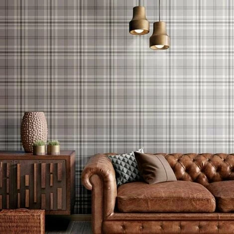 MURIVA Grey Silver Check Wallpaper Metallic Country Tartan Plaid 2 MURIVA Grey Silver Check Wallpaper Metallic Country Tartan Plaid - Image 2