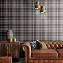Alternative view of MURIVA Charcoal Silver Check Wallpaper Metallic Country Tartan Plaid