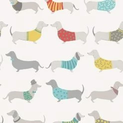 MURIVA Silly Sausage Dogs Wallpaper White Red Teal Grey Yellow