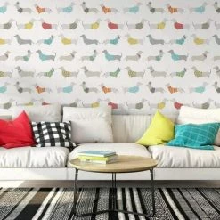 Alternative view of MURIVA Silly Sausage Dogs Wallpaper White Red Teal Grey Yellow