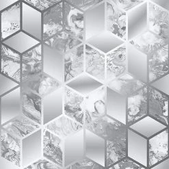 MURIVA Geometric Cube Liquid Marble Silver Grey Wallpaper Elixir Metallic Modern