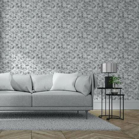 MURIVA Geometric Cube Liquid Marble Silver Grey Wallpaper Elixir Metallic Modern 2 MURIVA Geometric Cube Liquid Marble Silver Grey Wallpaper Elixir Metallic Modern - Image 2