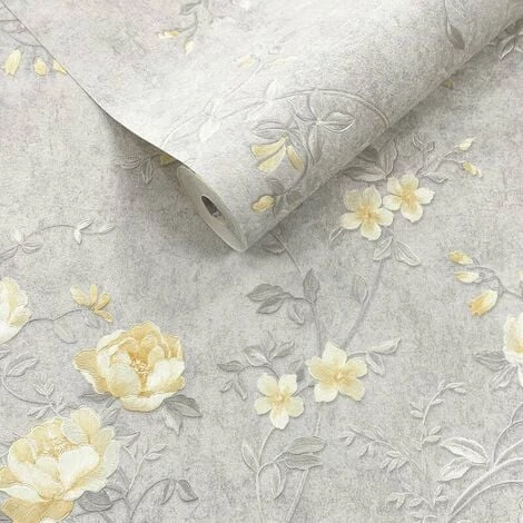 Bettany Floral Wallpaper Muriva Textured Heavyweight Vinyl Grey Yellow Glitter 2 Bettany Floral Wallpaper Muriva Textured Heavyweight Vinyl Grey Yellow Glitter - Image 2