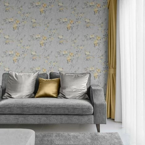 Bettany Floral Wallpaper Muriva Textured Heavyweight Vinyl Grey Yellow Glitter 3 Bettany Floral Wallpaper Muriva Textured Heavyweight Vinyl Grey Yellow Glitter - Image 3