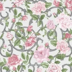Rose Trellis Floral Wallpaper Pink Green Silver Metallic Garden Flower Muriva