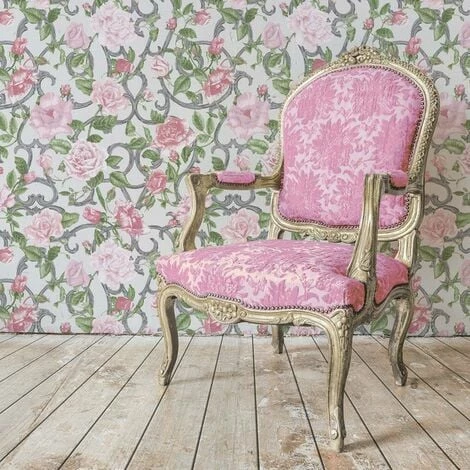 Rose Trellis Floral Wallpaper Pink Green Silver Metallic Garden Flower Muriva 2 Rose Trellis Floral Wallpaper Pink Green Silver Metallic Garden Flower Muriva - Image 2