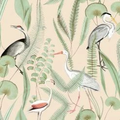 Kivu Wallpaper Muriva Birds Tropical Floral Cream Green Natural