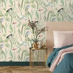 Alternative view of Kivu Wallpaper Muriva Birds Tropical Floral Cream Green Natural