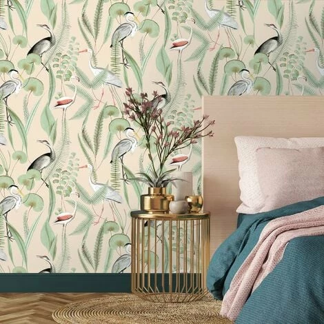 Kivu Wallpaper Muriva Birds Tropical Floral Cream Green Natural 2 Kivu Wallpaper Muriva Birds Tropical Floral Cream Green Natural - Image 2