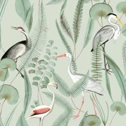 Kivu Wallpaper Muriva Birds Tropical Floral Mint Green Natural