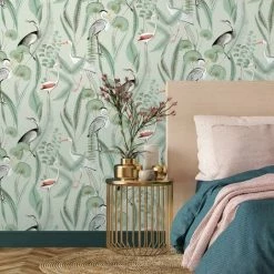 Alternative view of Kivu Wallpaper Muriva Birds Tropical Floral Mint Green Natural
