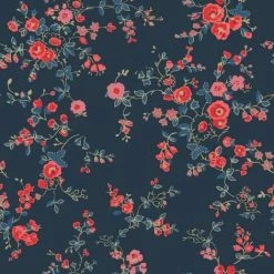 Cath Kidston Floral Flower Navy Blue Pink Red Luxury Wallpaper Muriva