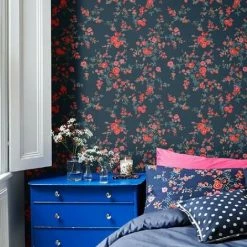 Alternative view of Cath Kidston Floral Flower Navy Blue Pink Red Luxury Wallpaper Muriva
