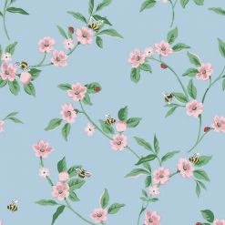 MURIVA Cath Kidston Floral Flower Blue Pink Green Luxury Wallpaper Bee Animal Nature
