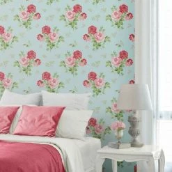 MURIVA Cath Kidston Floral Flower Turquoise Pink Green Luxury Wallpaper Paste Paper