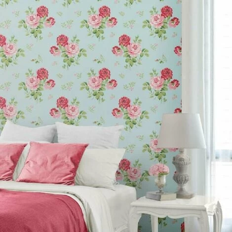 MURIVA Cath Kidston Floral Flower Turquoise Pink Green Luxury Wallpaper Paste Paper 1 MURIVA Cath Kidston Floral Flower Turquoise Pink Green Luxury Wallpaper Paste Paper