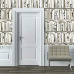 Alternative view of Cream Beige Bookcase Wallpaper Library French Vintage Encyclopedia Retro Muriva