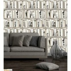 Cream Beige Bookcase Wallpaper Library French Vintage Encyclopedia Retro Muriva -MURIVA SHOP 3721316 3
