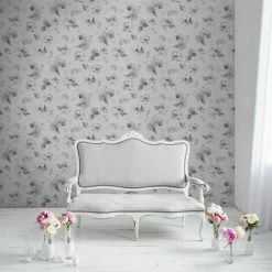 Alternative view of Lipsy Soft Petals Wallpaper Muriva Floral Grey White Silver Glitter
