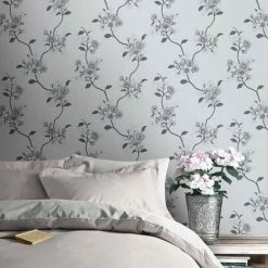 Alternative view of Delta Floral Silver Wallpaper Couture Muriva Wave Metallic Vinyl Textured