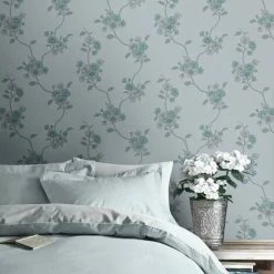 Alternative view of Delta Floral Duck Egg Wallpaper Couture Muriva Wave Metallic Vinyl Textured