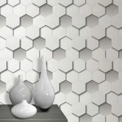 MURIVA 3D Hexagon Wallpaper Geometric Modern Luxury Leather Faux Padded Look White Grey -MURIVA SHOP 57672984 3
