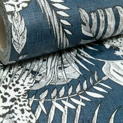 MURIVA Mamboa Tropical Palm Leopard Blue Exotic Jungle Linen Effect Feature Wallpaper